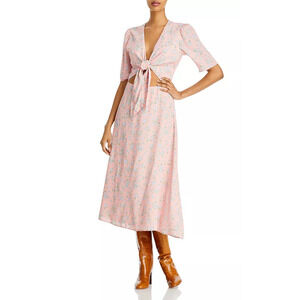 Wayf Tie Front Floral Midi Dress Pink Size L 2088